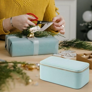 Portable light blue jewelry box with lychee pattern and zipper for gift giving