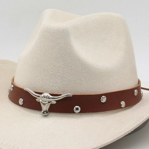 Detail of western hat leather band featuring longhorn skull and silver studs