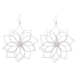 Macro detail of silver hollow flower drop earrings with wire woven texture and hooks