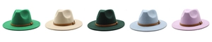 Selection of felt fedora hats in five colors featuring brown leather bands and metal buckles