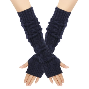 Donkerblauwe lange vingerloze handschoenen met kabelpatroon als warme armwarmers