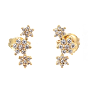 Elegant gold drop earrings featuring three stacked six-petal flowers with white zircon stones