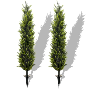 Pair of lifelike artificial cypress pine trees with black ground stakes for home decor