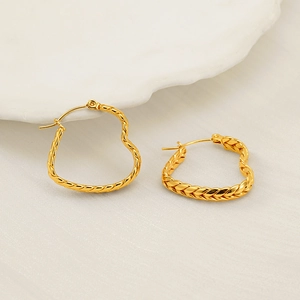 Golden wheat-pattern heart hoop earrings in twisted stainless steel for women