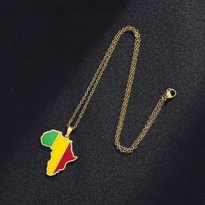 Detailed close-up of African map pendant with red yellow green enamel on golden chain