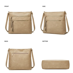 Detailed four-way view showing front, side, back and bottom of khaki PU leather tote bag