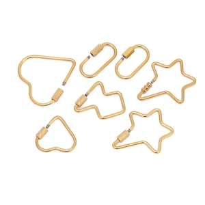 Detailed view of assorted gold stainless steel screw clasps in heart and star shapes