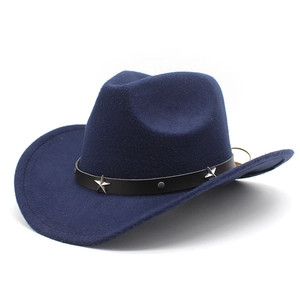 Dark blue felt cowboy hat with silver star rivets and black leather band on white background