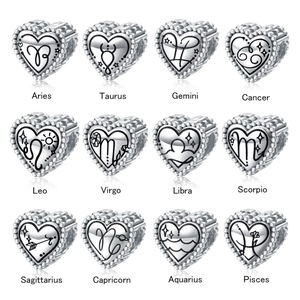 925 Sterling Silver Heart Charm Beads 12 Zodiac Horoscope Signs For Bracelet Jewelry Making Beaded Edge Vintage Style