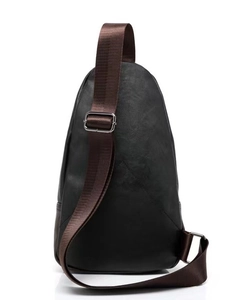 Classic black leather crossbody chest bag for men with brown nylon strap and metal buckle
