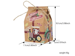 Christmas kraft paper gift box dimensions with Santa train design and jute handle detail