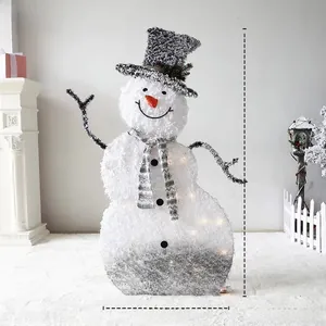 Close-up of lighted 118cm flocked snowman decoration with striped scarf and top hat