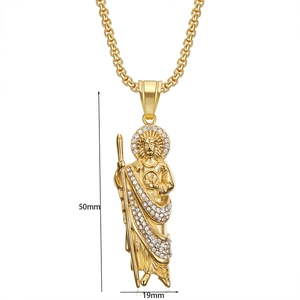 Detailed view of Saint Jude pendant in gold finish with crystal inlay and 50mm height