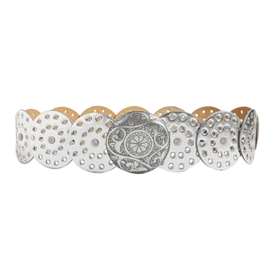 Retro silver metal belt with vintage flower relief and hollowed-out linked discs