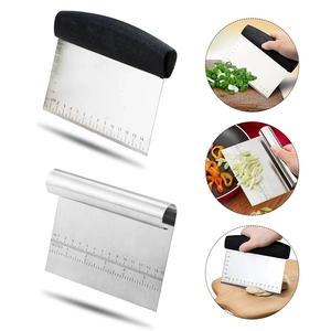 Stainless steel dough scraper with dual scale ruler and ergonomic handle for kitchen baking