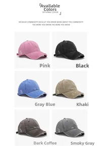 Detailed grid showing six distressed washed baseball caps with vintage embroidery and torn effects