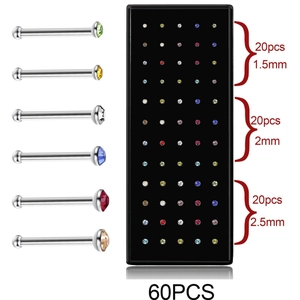 60pcs set of L-shaped stainless steel nose studs with crystals in 1.5mm, 2mm, and 2.5mm sizes