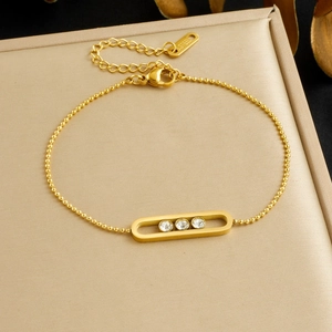 Fashion Bracelet Gold Plated Stainless Steel Sliding Zircons Oval Frame Beaded Chain Adjustable Jewelry For Women