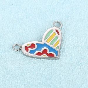 DIY stainless steel heart pendant with colorful enamel inlay and double rings