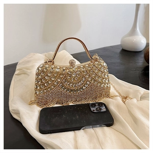 Detailed view of luxury evening handbag with shimmering rhinestones and beaded fringe tassel