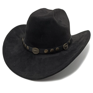 Close-up of black suede cowboy hat with vintage bronze bull buckle and leather band