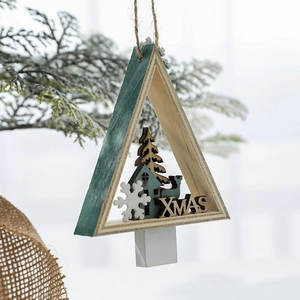 Festive wooden triangle Christmas tree ornament with XMAS lettering on pine branch