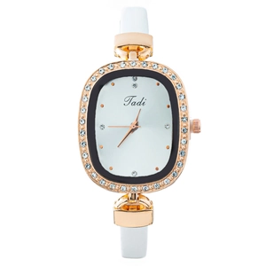 Fashion women's oval quartz watch with white leather strap and crystal bezel design