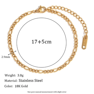 18K gold plated stainless steel Figaro chain bracelet with beads on white background