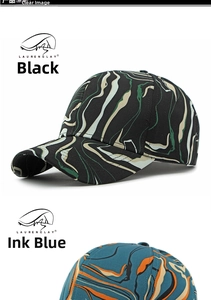 Detail of high-quality baseball caps featuring unique marble sand texture in black and navy