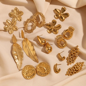 Vintage Stainless Steel Flower Leaf Evil Eye Stud Earrings 18K Gold Plated Geometric Rhinestone Earrings For Women Jewelry