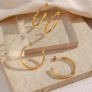 Chunky 18K gold plated stainless steel hoop earrings with colorful and white zircon inlay