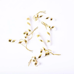 Christmas tree candy cane ornaments in white and gold finish with metallic hanging strings
