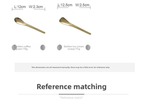 Detailed specs of gold hammered stainless steel coffee and ice cream dessert spoons