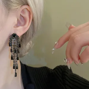 Black Cubic Zirconia Long Tassel Dangle Earrings With Silver Earring Post Copper Base Elegant Party Jewelry For Women