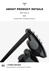 Detail of heart sunglasses featuring pearl accents and reinforced metal hinge structure
