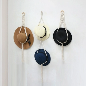 Macrame Hat Organizer Wall Hanging Handmade Cotton Rope Wooden Ring Bohemian Hat Hanger For Closet Bedroom Storage