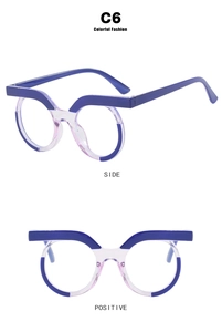 Dual views of round blue and clear pink frame glasses with C6 model detail and logo