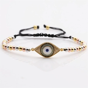 Adjustable evil eye charm bracelet with zircon inlays and colorful metal beads
