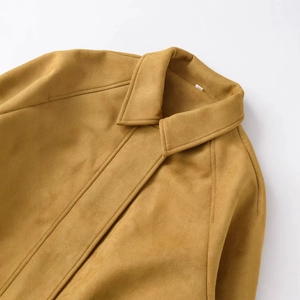 Ginger yellow suede bomber jacket with turn-down collar and soft brushed finish texture