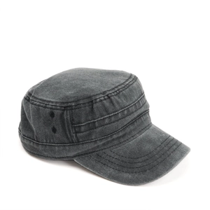 Detail of washed charcoal grey cadet cap showing metal eyelets and reinforced stitching