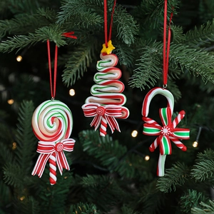 Christmas tree ornaments set with red, white, and green clay candy cane and lollipop