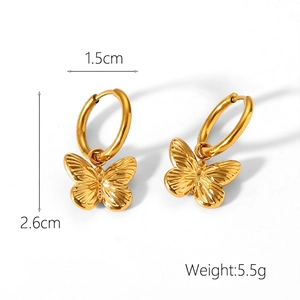 Detailed view of gold butterfly hoop earrings with precise size dimensions and weight info