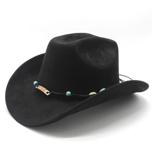 Black faux suede western cowboy hat with blue beads and shell decorative strap