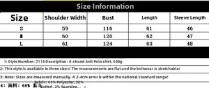 Detailed size chart for solid color polo neck knit sweater with fabric specifications