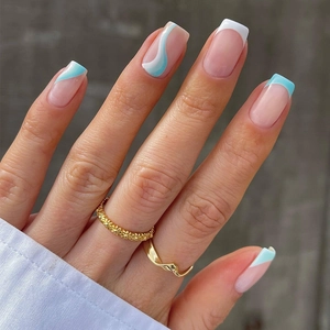 French Style Press On Nails Blue White Wavy Design Square Oval Artificial Fake Nails For Women Manicure Art Decoration