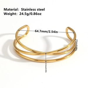 Three-layer 18k gold plated stainless steel layered cuff bracelet with open design