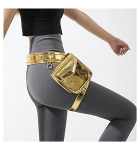 Close-up of golden metallic waist bag with adjustable straps on model for fitness