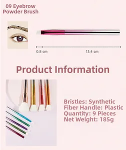 Detailed specs for eyebrow brush number 09 with soft fiber hair and gradient handle