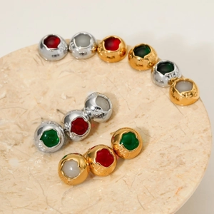 Retro round stainless steel stud earrings in red, green and white colors with gold finish