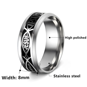 8mm stainless steel Jesus ring for men with high polished finish and Ichthys symbol